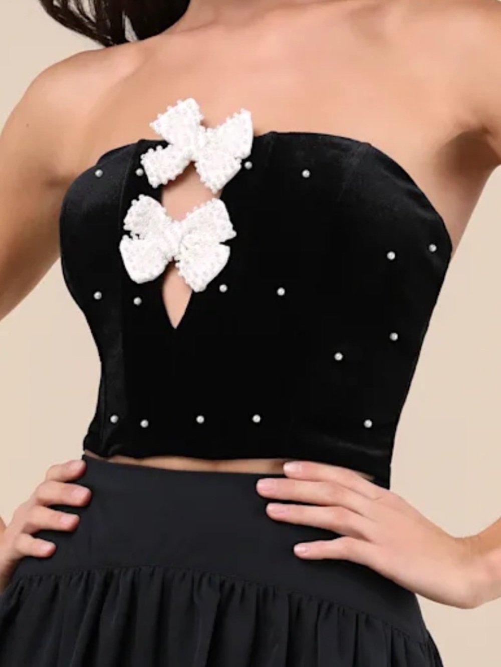 Strapless Black Velvet Crop Top with Pearl Accents and White Bow Detail
